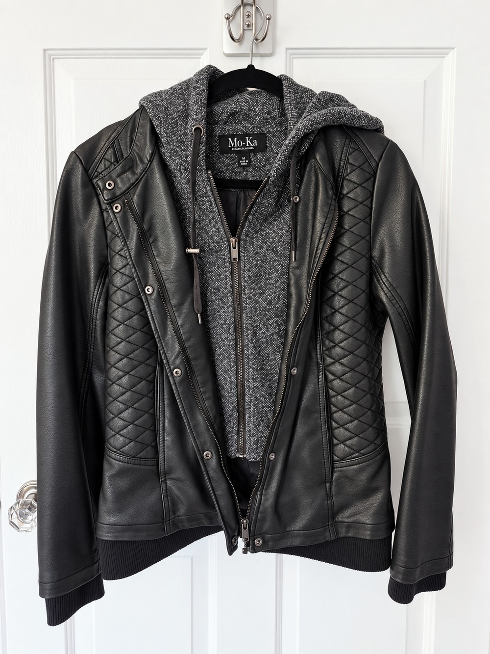 Mo-Ka Faux Leather Moto Jacket Hooded Quilted Black Gray Size M